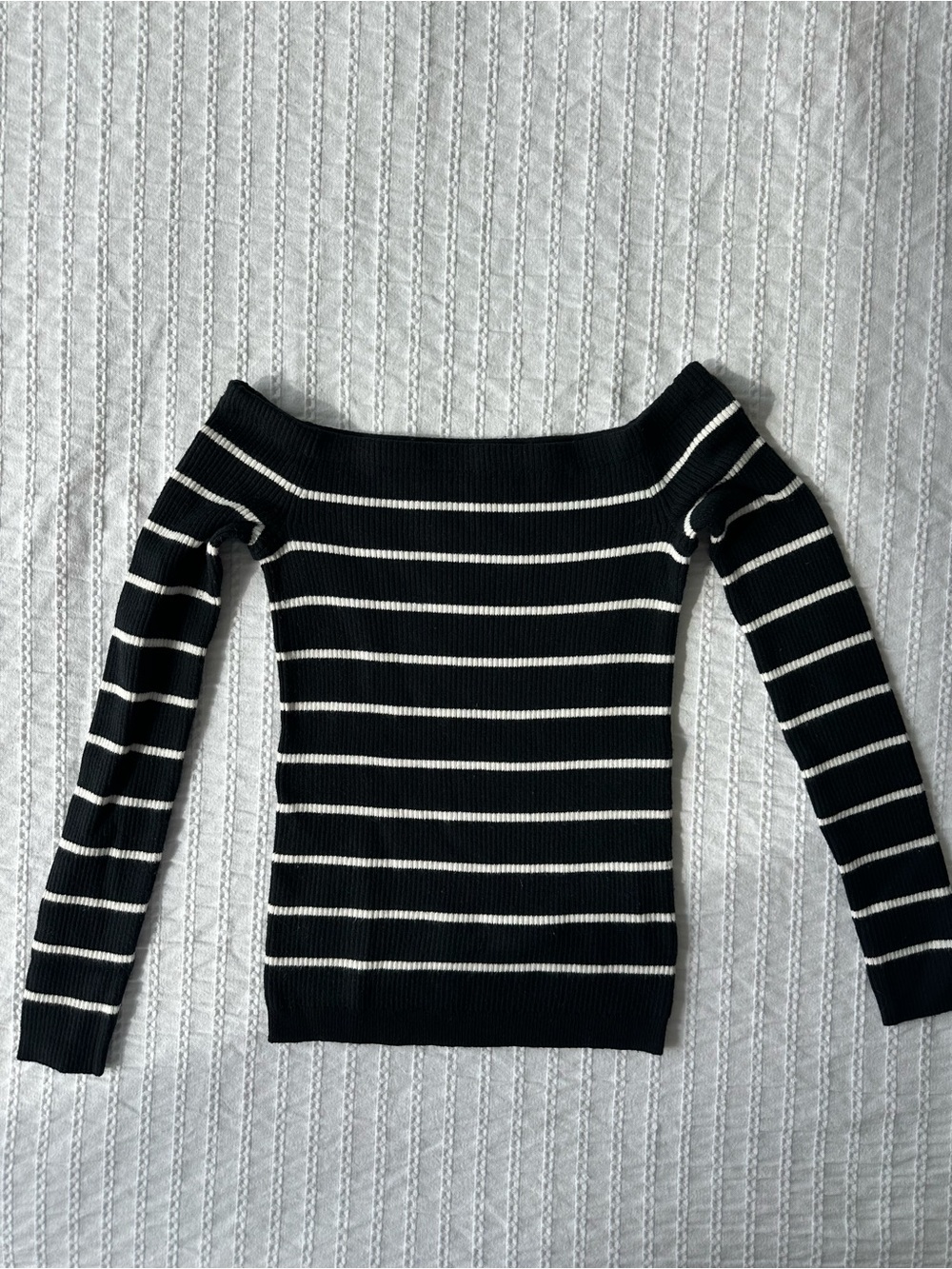 American Eagle Outfitters Black and White Striped Off-Shoulder Sweater